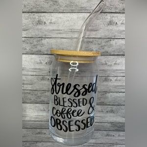 COPY - 16oz Glass Cup With Lid & Straw ~ Stressed, Blessed & Coffee Obsessed!